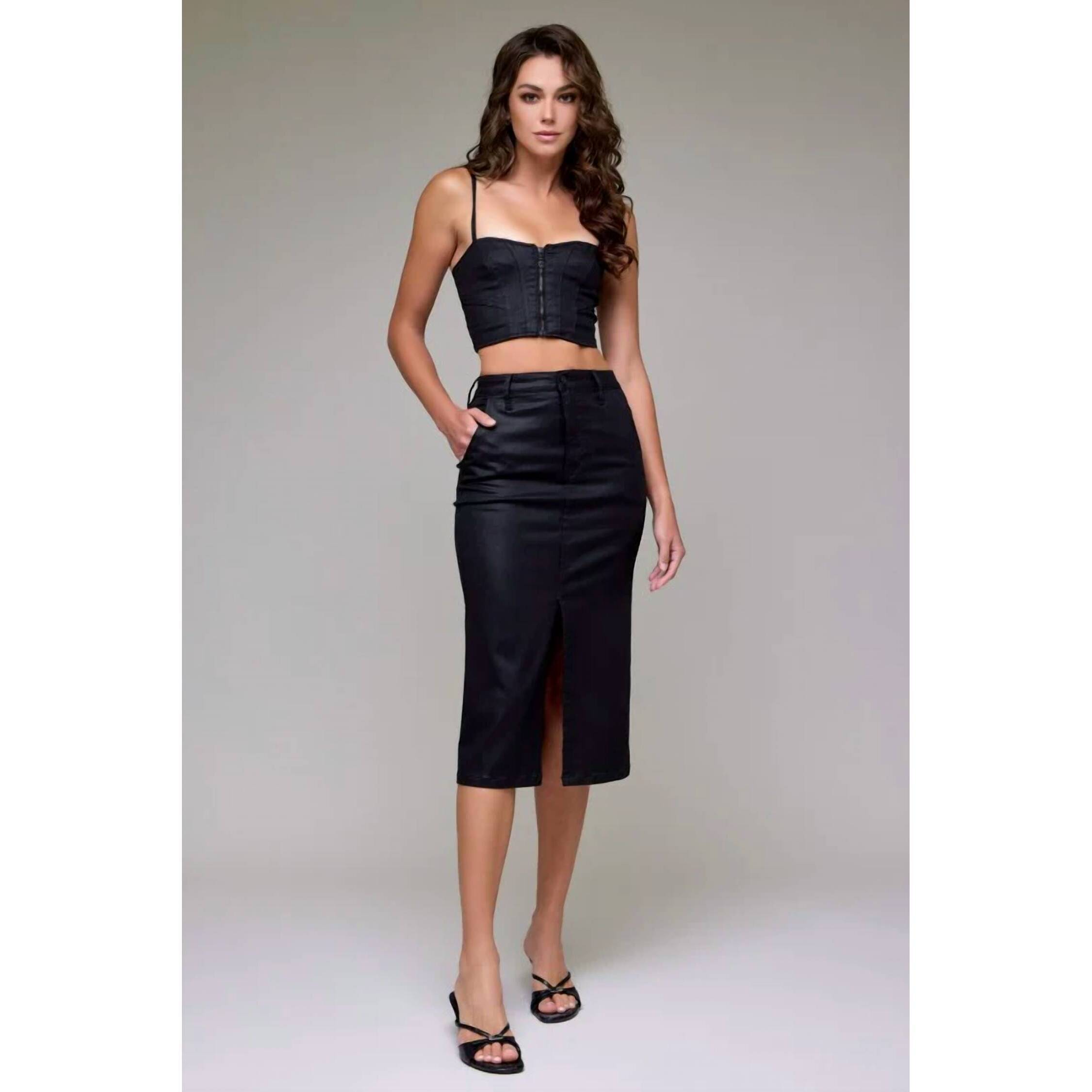 New Hidden Coated High Rise Front Slit Midi Skirt In Black